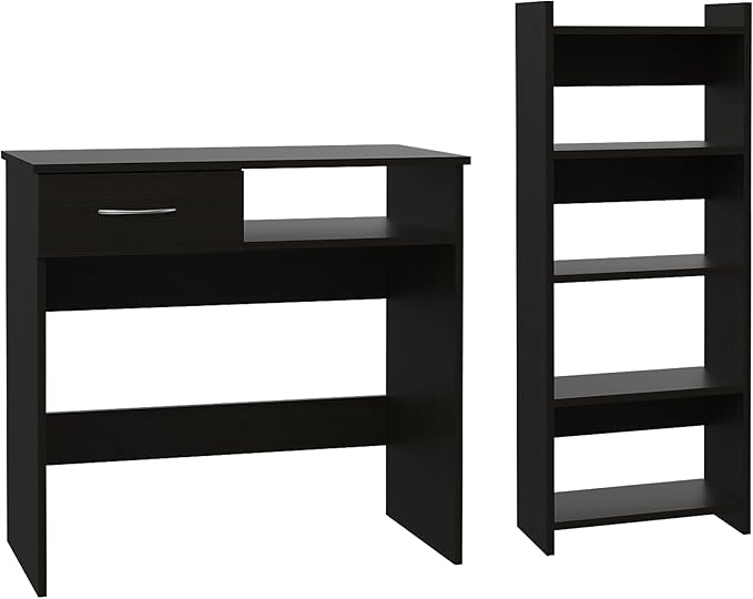 Penau Compact Home Office Set with Desk and Bookcase Combo, One Drawer, Five Shelves, Black Finish, Perfect for Laptop Workstation