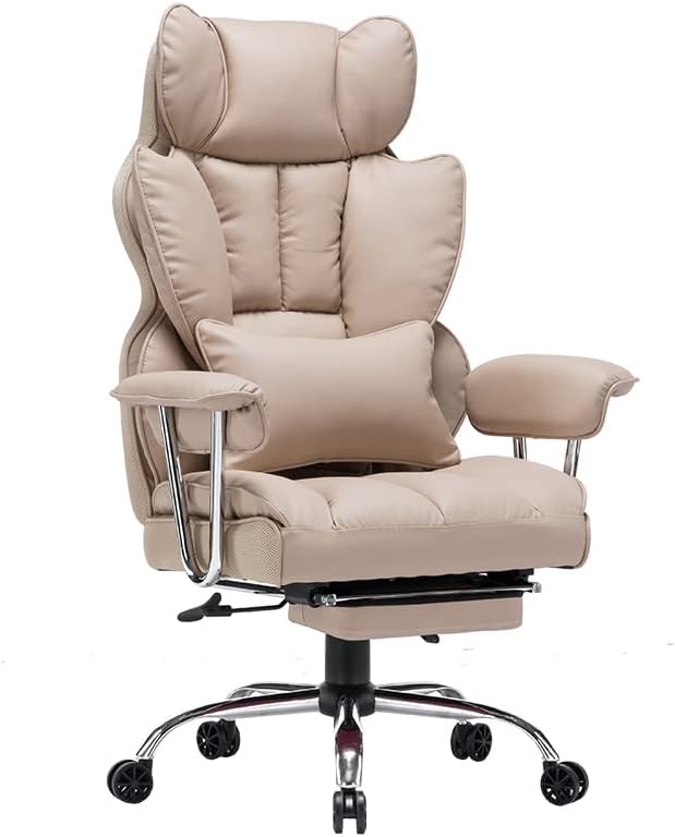 Efomao Big and Tall Office Chair 400lbs – PU Leather Executive Office Chair with Lumbar Support & Leg Rest, Heavy-Duty Computer Chair for Home Office, Dark Beige