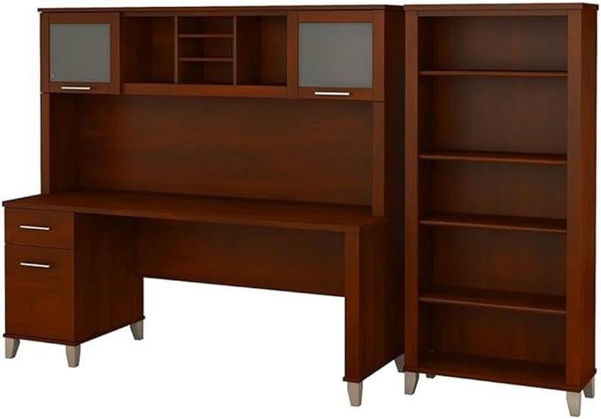 Scranton & Co Somerset Office Desk with Hutch & Bookcase, 72W Hansen Cherry Finish, Adjustable Shelves, Frosted Glass Doors, Wire Management, Spacious Home Office Furniture Set for Storage and