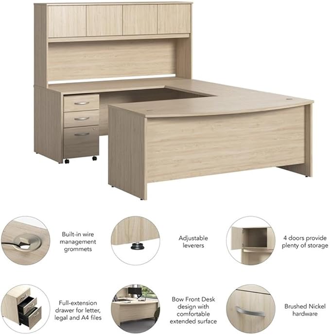 Bush Business Furniture Studio C 72W x 36D U Shaped Desk with Hutch and Mobile File Cabinet in Natural Elm, U Workstation Set for Home or Professional Office