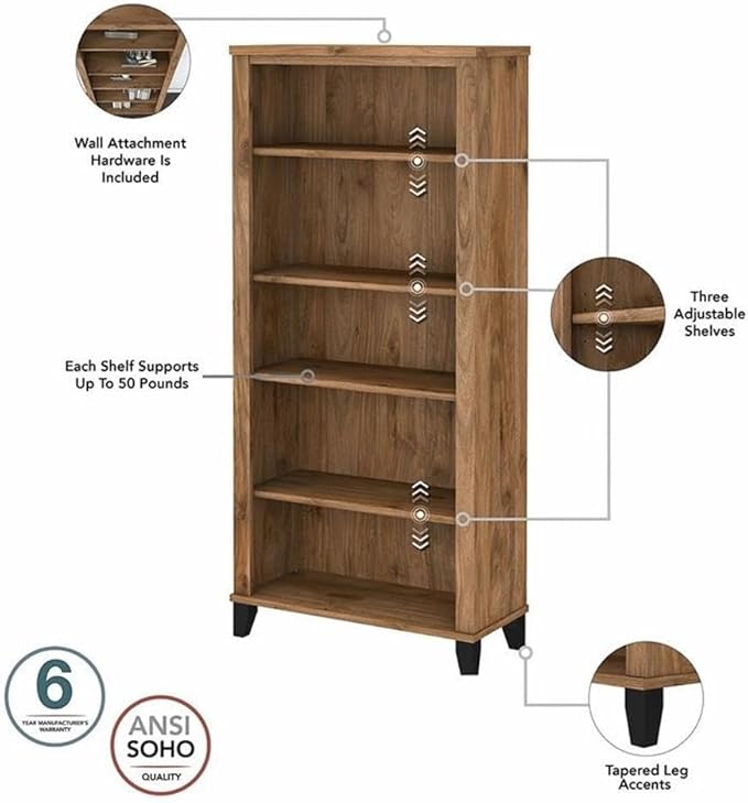 Pemberly Row 72W Desk with Hutch and Bookcase, Fresh Walnut Engineered Wood, Frosted Glass Doors, Adjustable and Fixed Shelves, Wire Management, Home Office Furniture Set