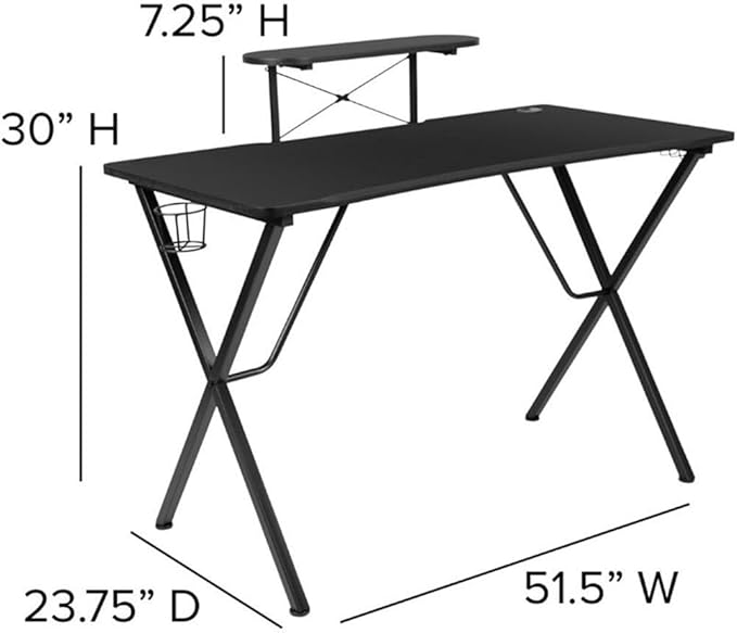 BOWERY HILL 2 Piece Gaming Desk Set, Black and White Finish, 51.5" W Desk with Raised Monitor Stand, Detachable Cup Holder and Headset Hook, Ergonomic Gaming Chair with Lumbar Support and Tilt