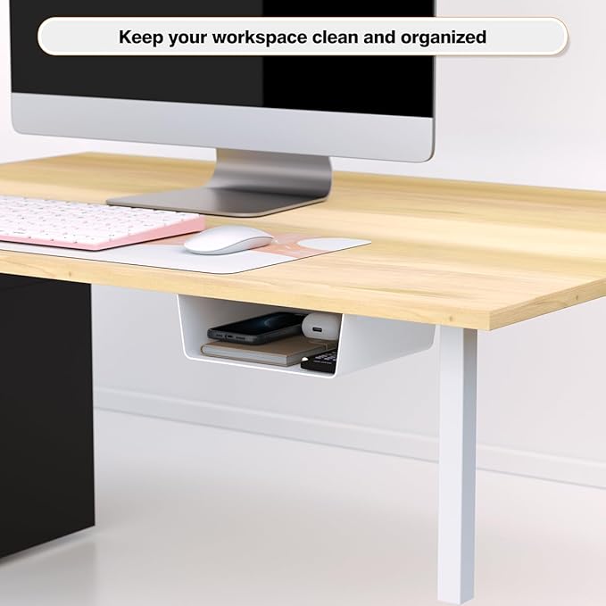 4 Pack Adhesive Under Desk Hanging Shelf Mount Drawer Organizer, Attachable Plastic Under Desk Storage Tray for Standing Desks, Tables, Workstations, Gaming, Cabinet, Increase Storage Space - White