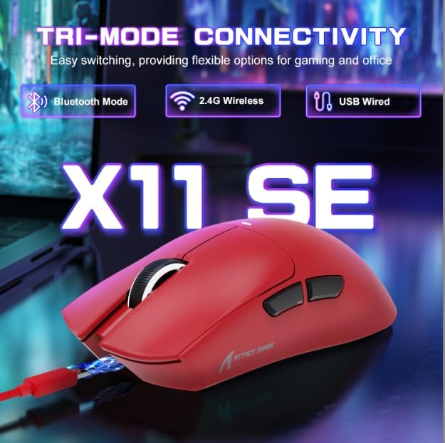 ATTACK SHARK X11SE Ultra-Light Wireless Gaming Mouse,Tri-Modes BT5.2/Type-C Wired/2.4G,PixArt PAW3311 Gaming Sensor,22KDPI,5 Programmable Buttons for Laptop,PC,Mac Gamer(Red)