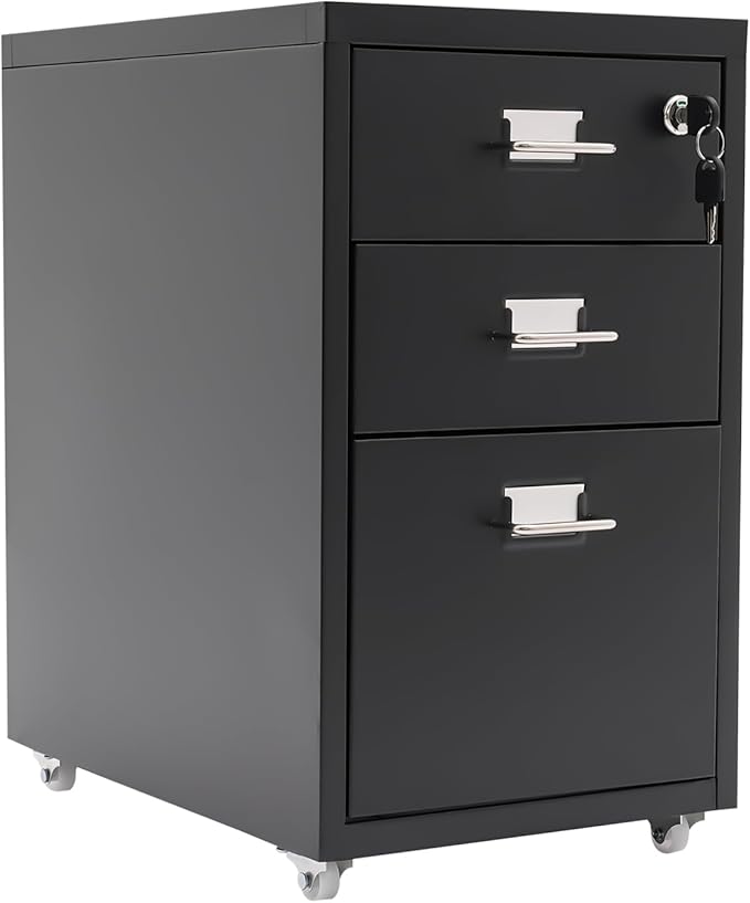 3 Drawer Mobile File Cabinet with Lock, Under Desk Rolling Filing Cabinets with Tag Jacks, Lockable Vertical File Cabinet for Home Office, Easy Assembly (Black)