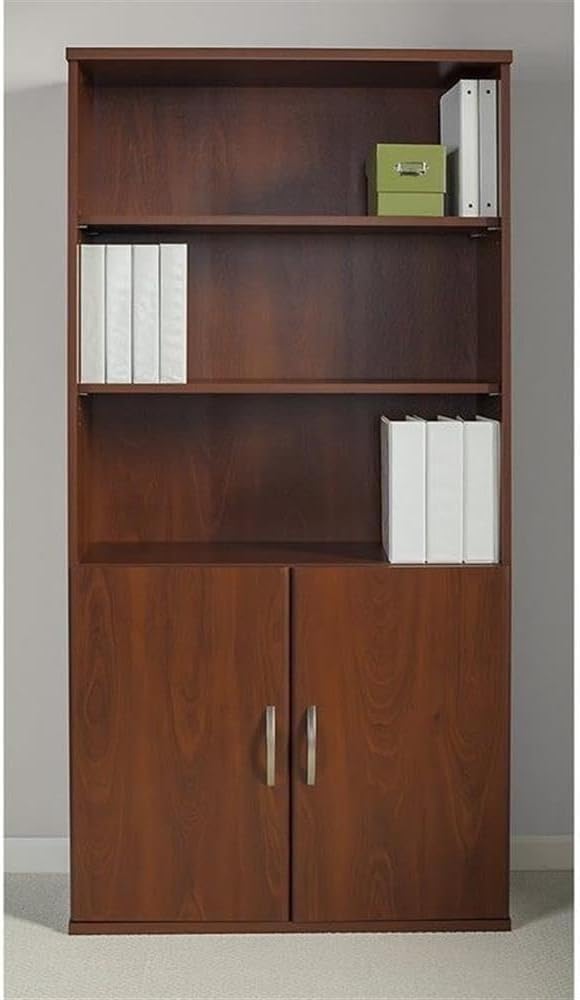 Pemberly Row Set of 2 5-Shelf Bookcase with Doors & L-Shaped Desk with Drawers