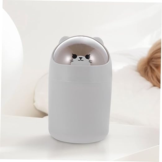 GLEAVI Cute Bear Desktop Trash Can Lid Mini Waste Bin for Office Bedroom and Table Slim Plastic Garbage Container for Home Use