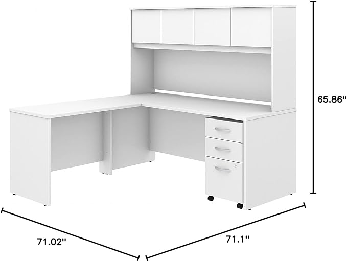 Studio C 72W x 30D L Shaped Desk with Hutch, Mobile File Cabinet and 42W Return in White