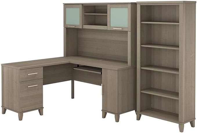Pemberly Row 60" W L-Shaped Desk with Hutch and 5 Shelf Bookcase, Engineered Wood in Ash Gray, Frosted Glass Doors, Adjustable Shelves, Wire Management, Home Office Furniture Set