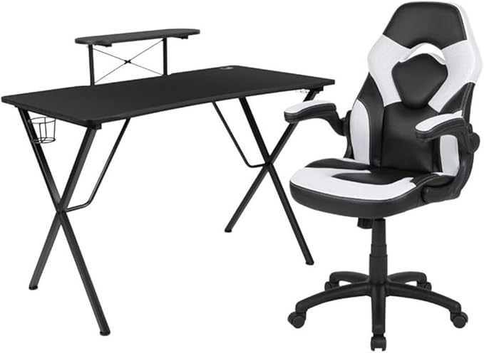 BOWERY HILL 2 Piece Gaming Desk Set, Black and White Finish, 51.5" W Desk with Raised Monitor Stand, Detachable Cup Holder and Headset Hook, Ergonomic Gaming Chair with Lumbar Support and Tilt