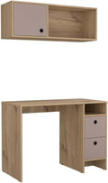 HomeStock Fresh 2 Piece Office Set with Desk Two Drawers One Shelf and Wall Cabinet with Door in Light Oak Taupe 39.3" W x 19.6" D Desk Surface