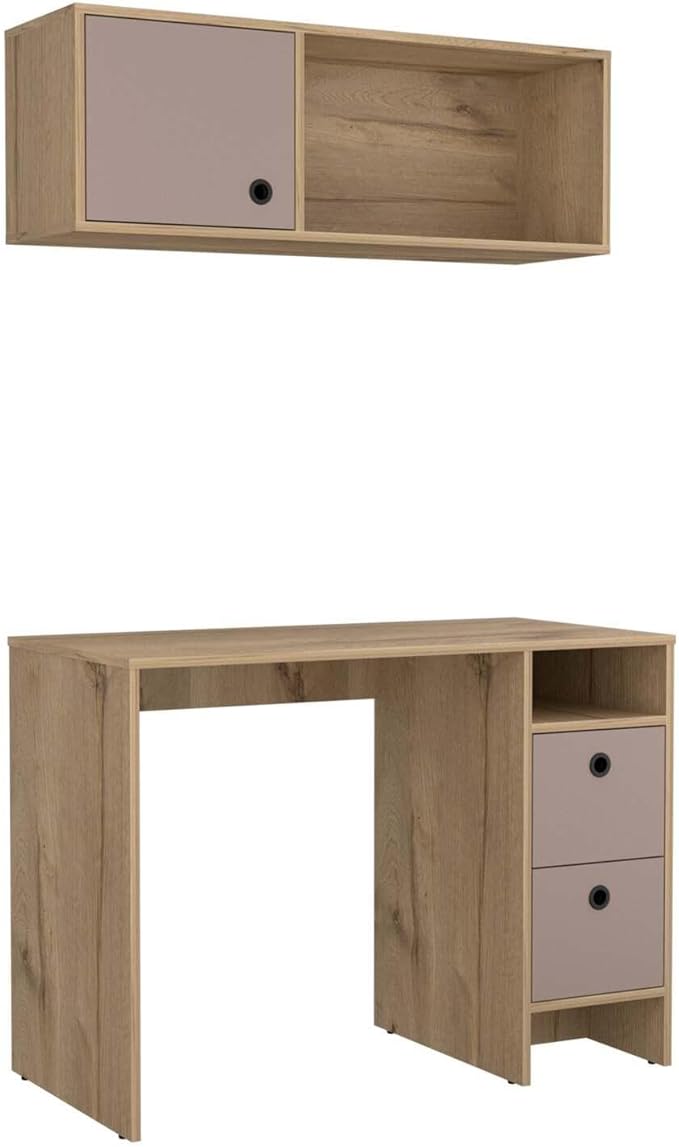 HomeStock Fresh 2 Piece Office Set with Desk Two Drawers One Shelf and Wall Cabinet with Door in Light Oak Taupe 39.3" W x 19.6" D Desk Surface
