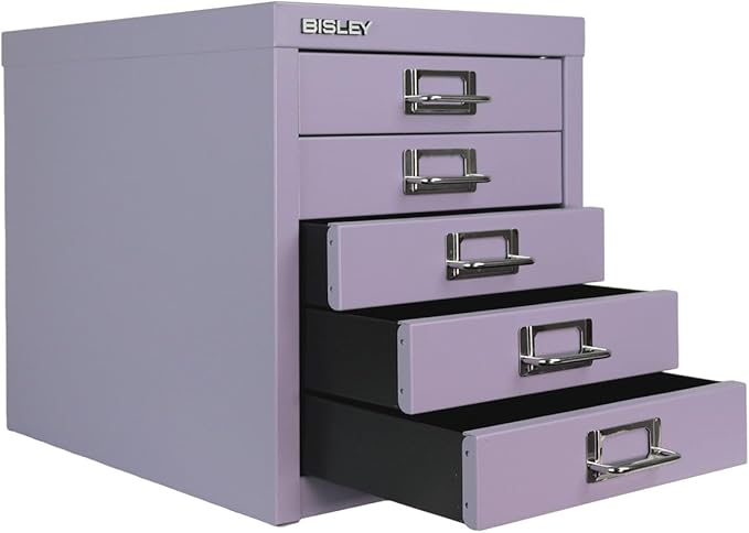 Bisley 5-Drawer Steel MultiDrawer Cabinet - Lilac, Chrome Pull Handles with Label Holders, Powder-Coated Steel, Removable Drawers, Desktop Storage, Labels Included