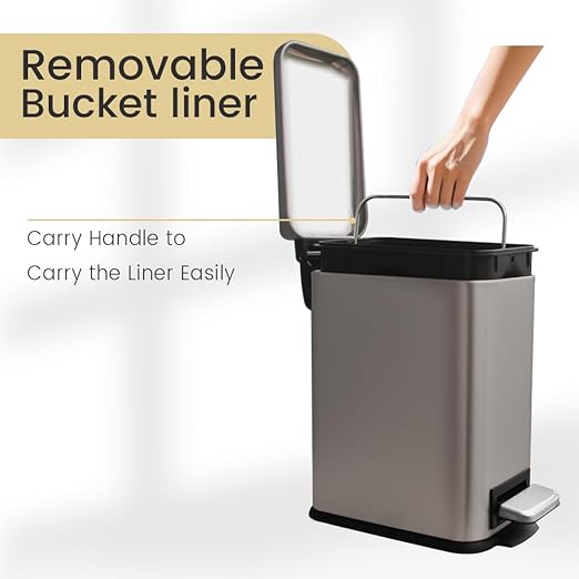 Small Bathroom Trash Can with Lid, Trash Can with Removable Liner, Soft Close lid & Step Pedal, Stainless Steel Trash Bin for Bathroom,Bedroom,Home Office (Grey, 1.3 Gallon)