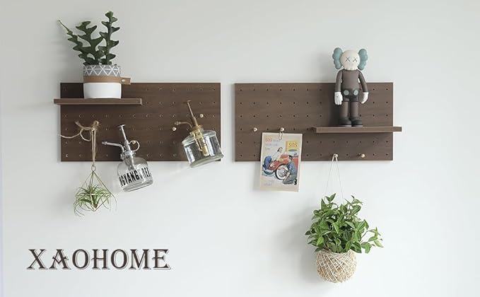 Wooden Pegboard, Sturdy Peg Board for WallsModular Grid Organizer, DlY Storage and Display Panels withShelves and Brass Hooks(Wainut Color)