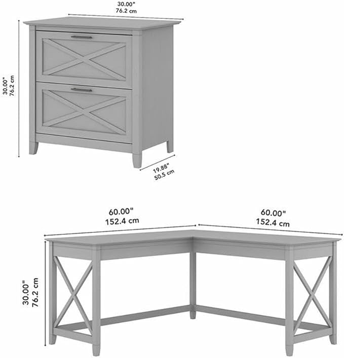 Pemberly Row 60W L Shaped Desk with Lateral File Cabinet, Engineered Wood, Cape Cod Gray Finish, 2 Drawers, Farmhouse Style Home Office Workstation with Storage