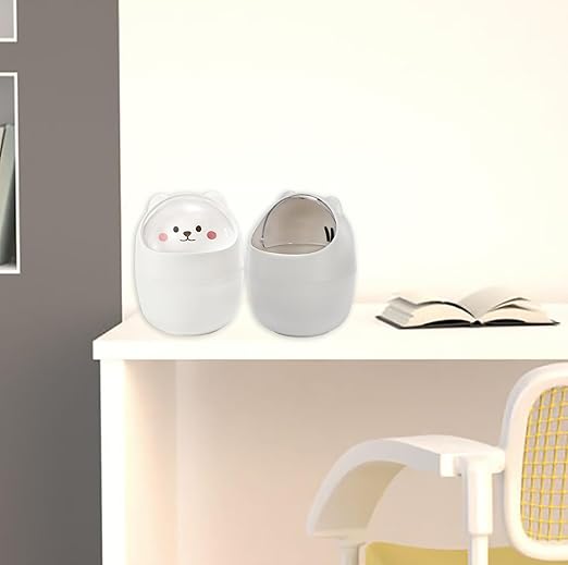 Yesland 2 Pack Desktop Mini Trash Bin with Swing Lid, Cute Bear Plastic Wastebasket Trash Can Countertop Garbage Storage Bucket for Home, Office, Kitchen, Vanity Tabletop, Bedroom, Grey & White