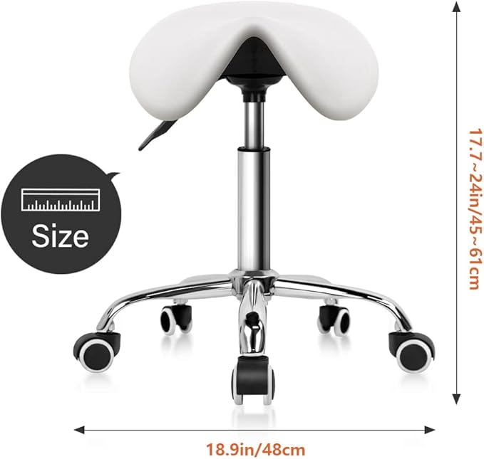 KKTONER Rolling Saddle Stool PU Leather Swivel Adjustable Rolling Stool with Wheels Salon Chair White