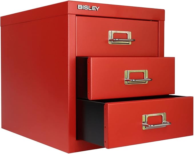 Bisley 3-Drawer Steel MultiDrawer Cabinet - Cardinal Red, Chrome Pull Handles with Label Holders, Powder-Coated Steel, Removable Drawers, Desktop Storage, Labels Included