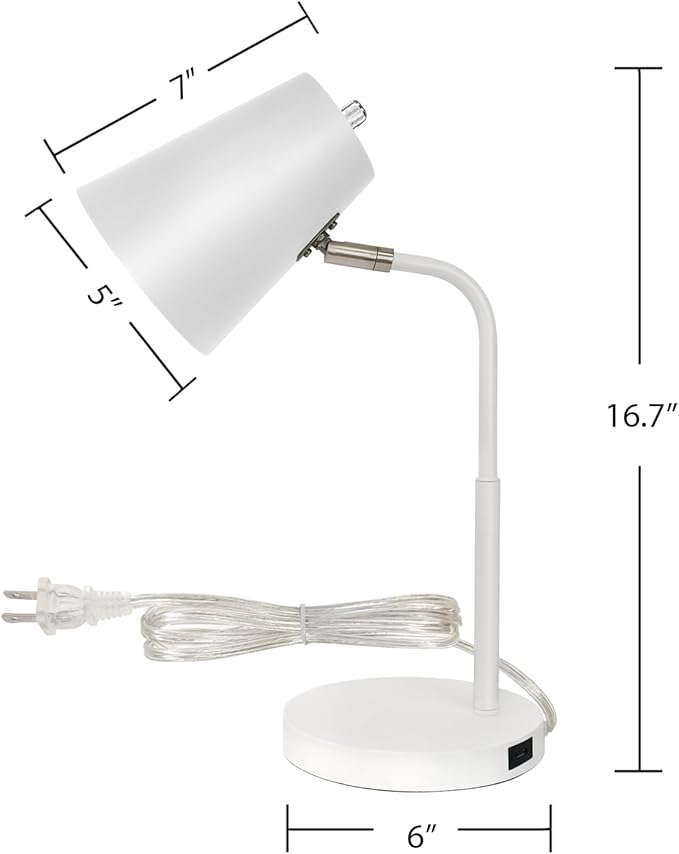 Adjustable Desk Lamp with USB-C Charging Port, 15.5 inches, White (White with White Shade)