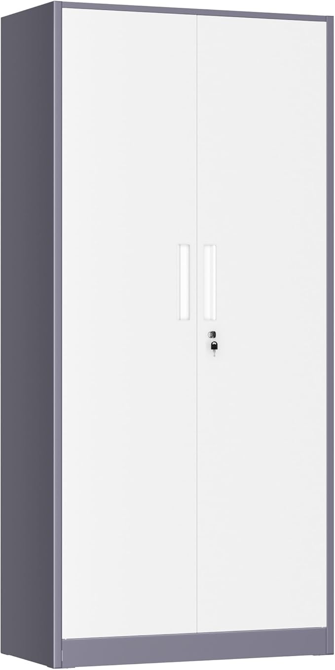 Greenvelly Metal Storage Cabinet,72” Metal Cabinet Storage with Doors and 4 Adjustable Shelves,Tall Storage Cabinet for Home,School,Gym(Grey White)