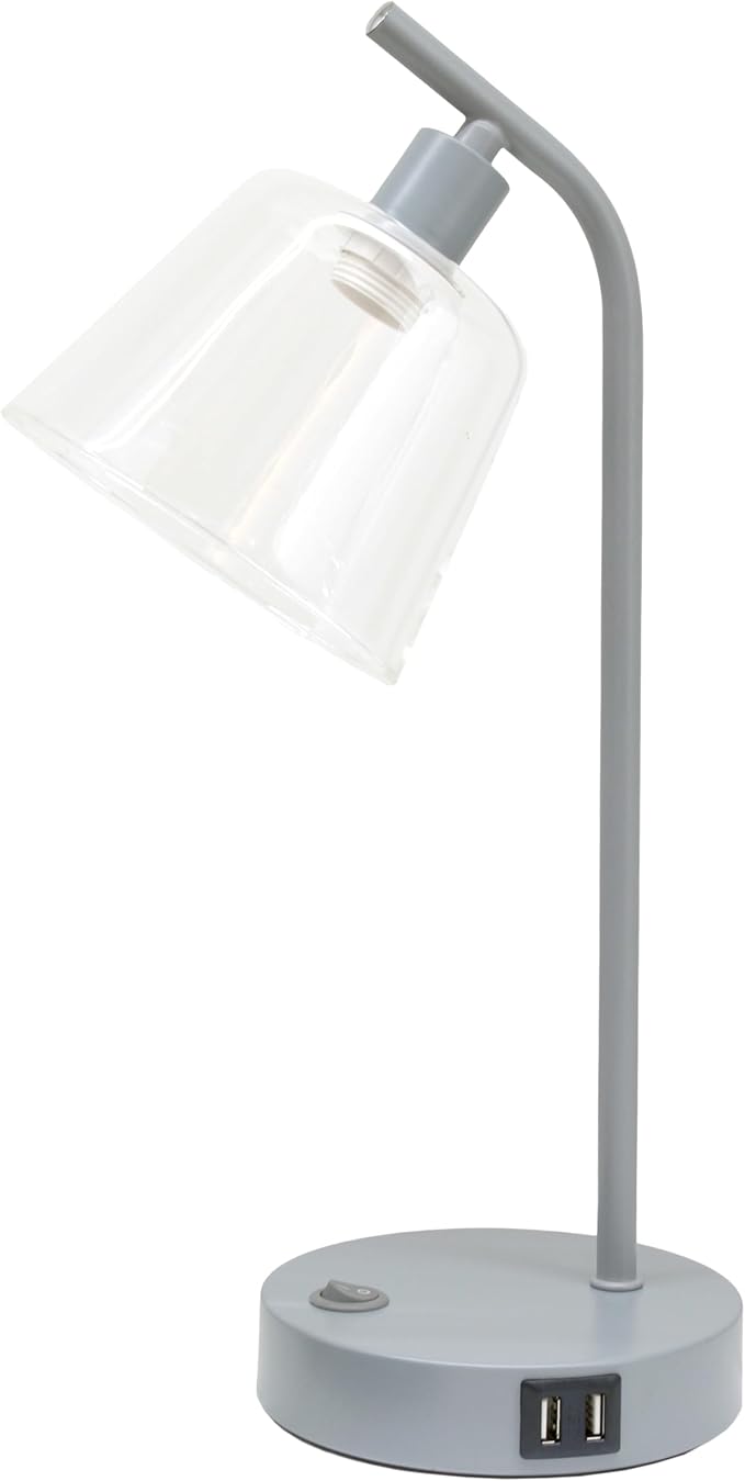 Simple Designs LD1074-GRY 15.75" Sleek Essentials Modern Industrial Metal Desk Lamp with Clear Glass Shade and Dual USB Ports, for Office, Desk, Nightstand, Dorm, Gray