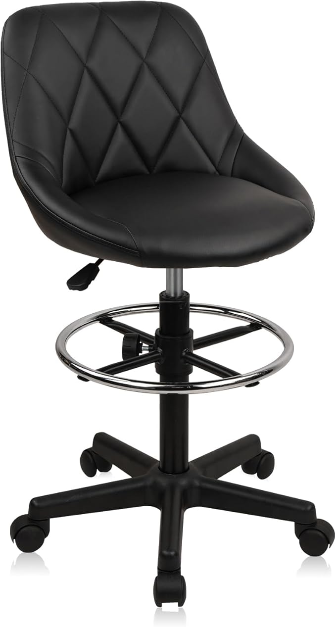 KLASIKA Drafting Chair with Back, Leather Rolling Swivel Stool with Adjustable Height and Footrest, Ergonomic Tall Standing Desk Office Chairs with Wheels for Home Work Shop Kitchen Bar, 1PK