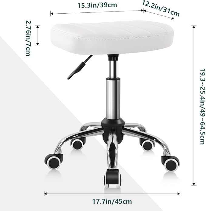 BFTOU White Minimalist Square Swivel Stool with Wheel for Work SPA Shop Massage Height-Adjustable and Cost-Effective Rolling Stool Chair