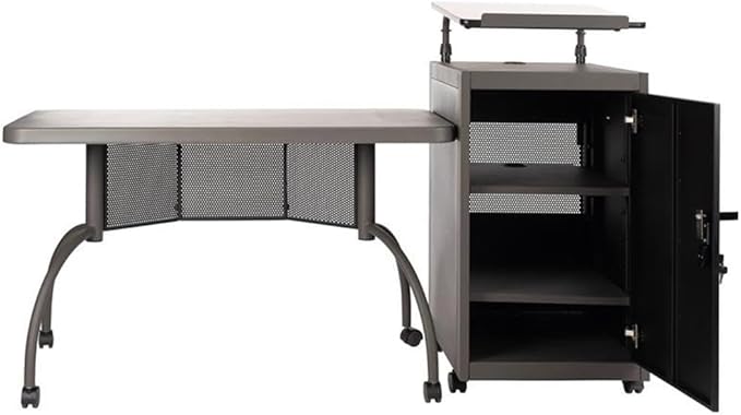 Pemberly Row Metal Teacher's WorkPod Desk and Lectern Kit, 41"H x 68"W x 24"D, Charcoal Finish, Adjustable Height, Locking Storage Cabinet, Mobile Casters, Stylish Office Furniture for Educational Use