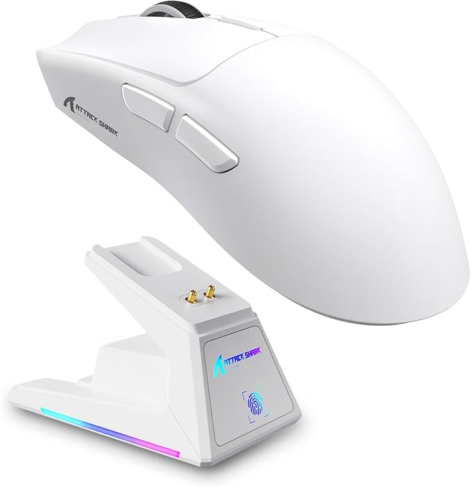ATTACK SHARK X1 Superlight Wireless Gaming Mouse with RGB Magnetic Charging Dock, BT/2.4G Wireless/Wired Gaming Mouse, PAW3395PRO Gaming Sensor, 40000DPI, 53g Office Mice for PC/Mac/Win/Xbox (White)