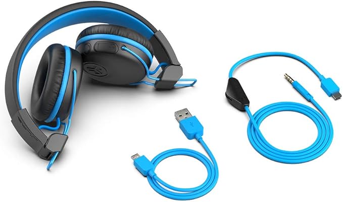 JLab JBuddies Play Gaming Wireless Kids Headset, Blue, 22+ Hour Bluetooth 5 Playtime 60ms Super-Low Latency for Mobile Gameplay, Retractable Boom Mic, AUX Cord Compatible w/Gaming Consoles