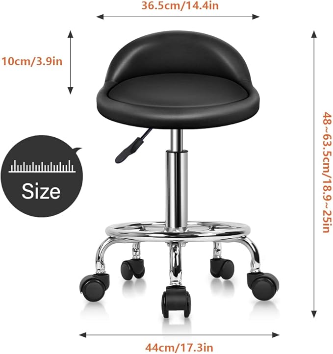 KKTONER PU Leather Round Rolling Stool with Foot Rest Height Adjustable Swivel Drafting Work SPA Task Chair with Wheels (Black)
