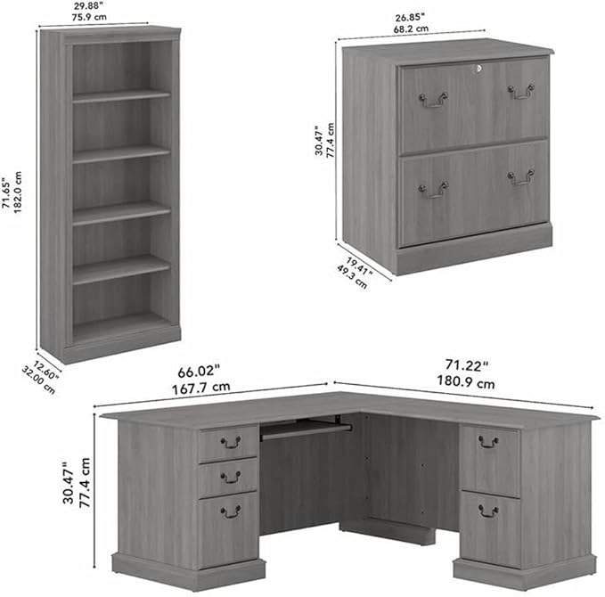 Pemberly Row L Shaped Desk with Storage Set, Modern Gray Engineered Wood, 66W x 72D, Includes File Cabinet, 2 Tall 5 Shelf Bookcases, Locking Drawers, Scratch-Resistant Surface for Home Office Use