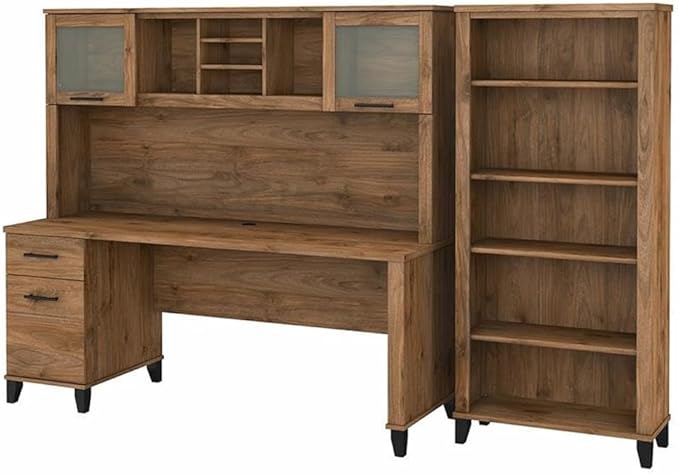 Pemberly Row 72W Desk with Hutch and Bookcase, Fresh Walnut Engineered Wood, Frosted Glass Doors, Adjustable and Fixed Shelves, Wire Management, Home Office Furniture Set