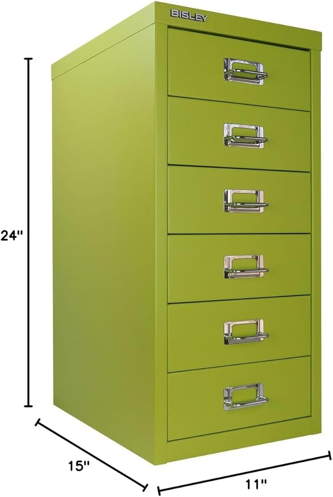 6-Drawer Steel MultiDrawer Cabinet - Bisley Green, Chrome Pull Handles with Label Holders, Powder-Coated Steel, Removable Drawers, Fits Under Most Desks, Labels Included by Bisley