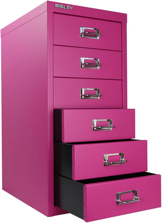Bisley 6-Drawer Steel MultiDrawer Cabinet - Fuchsia, Chrome Pull Handles with Label Holders, Powder-Coated Steel, Removable Drawers, Fits Under Most Desks, Labels Included