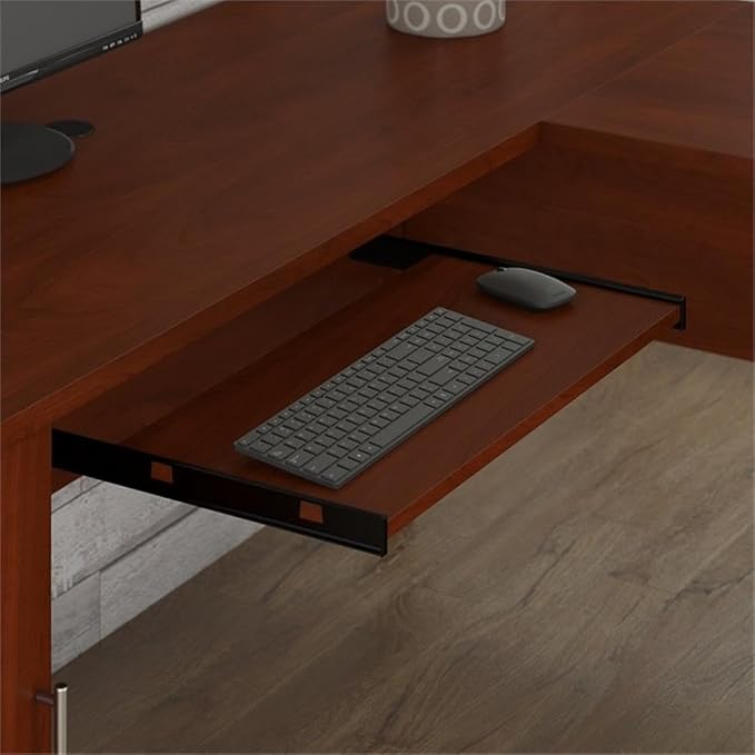 Scranton & Co Furniture Somerset 60W L Desk with Hutch & File Cabinet, Cherry Finish, Wire Management, Frosted Glass Doors, Legal/Letter File Storage, Home Office Set with Keyboard Tray