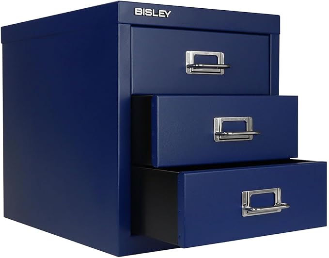 Bisley 3-Drawer Steel MultiDrawer Cabinet - Oxford Blue, Chrome Pull Handles with Label Holders, Powder-Coated Steel, Removable Drawers, Desktop Storage, Labels Included