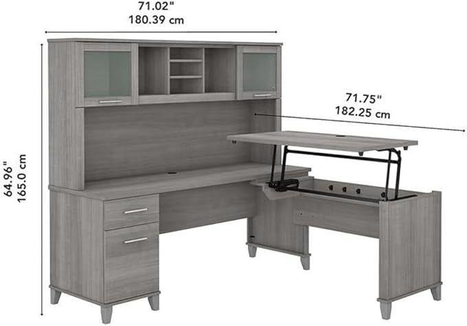 Pemberly Row 72W L Shaped Sit to Stand Desk with Hutch, Platinum Gray Finish, Engineered Wood, Adjustable Lift-n-Lock Height, Frosted Glass Doors, Ergonomic Office Desk for Home or Workspaces