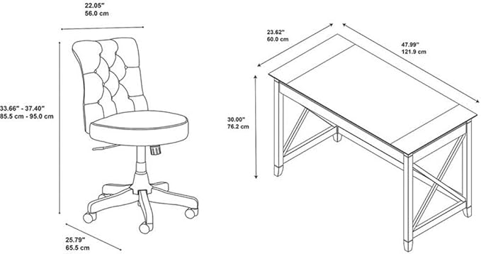 Bush Home Key West 48W Writing Desk with Mid Back Tufted Office Chair in Pure White Oak