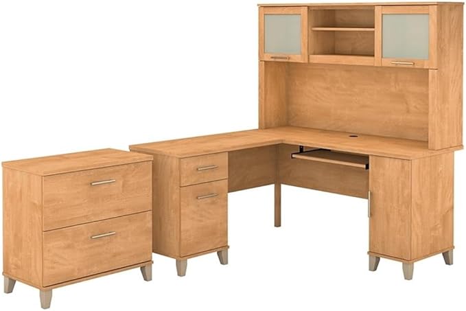 Pemberly Row 60W L Shaped Desk with Hutch and File Cabinet, Maple Cross Finish, Wood Construction, Frosted Glass Doors, Storage Drawers, Tapered Legs, Transitional Style Home Office Furniture Set