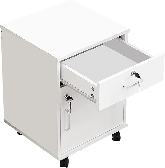 OFCASA Mobile 2 Drawer File Cabinet with Lock, Wooden Under Desk Filing Cabinet with Wheels, Small Rolling Storage Cabinet for Home Office Organizer A4/Letter Size/Legal, White