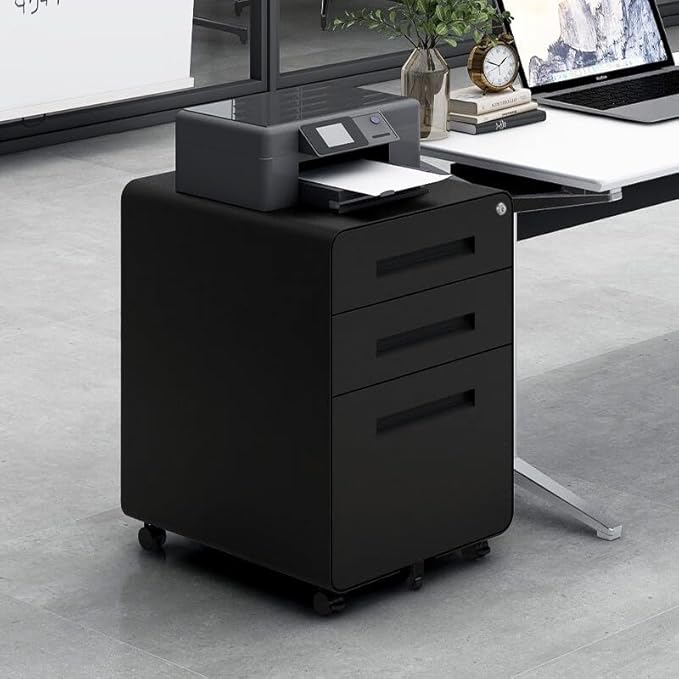Garvee 3 Drawer File Cabinet with Lock, Under Desk Mobile Metal Filing Cabinet for Home Office, 5 Wheel Anti-Tilt Rolling File Cabinets for A4/Letter/Legal Size, Fully Assembled