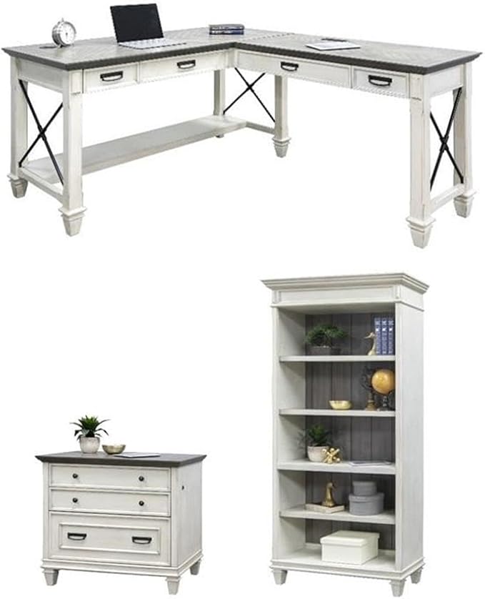 BOWERY HILL Set of 3 L-Shaped Desk & Open Bookcase & File Cabinet in White