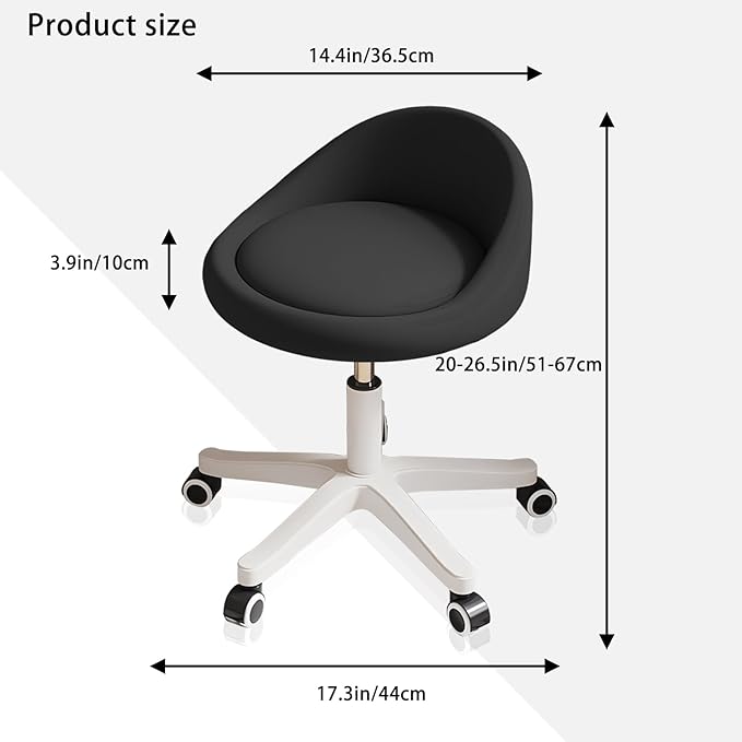 Swivel Rolling Stool with Wheels, Height Adjustable PU Leather Drafting Chair, Round Seat for Salon, Spa, Tattoo, Office, Home Use Black Set of 1