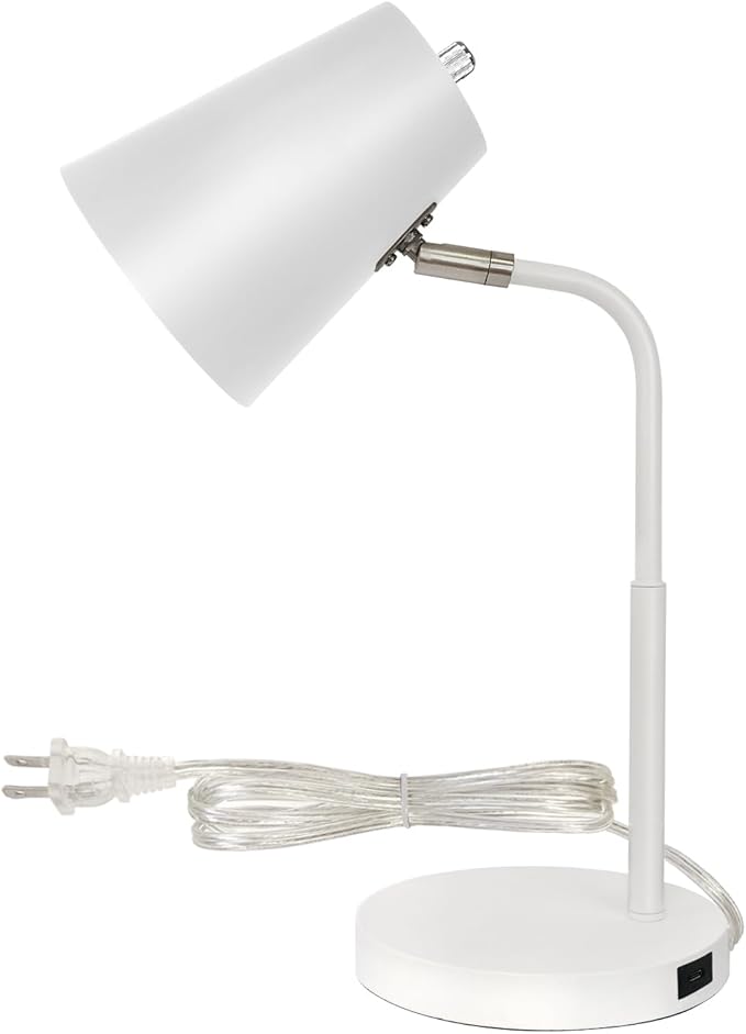 Adjustable Desk Lamp with USB-C Charging Port, 15.5 inches, White (White with White Shade)