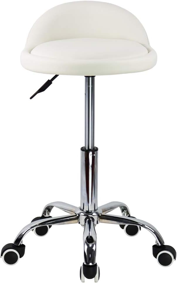 KKTONER PU Leather Round Rolling Stool with Back Rest Height Adjustable Swivel Drafting Work SPA Task Chair with Wheels (White)
