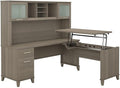 Pemberly Row 72W L Shaped Sit to Stand Desk with Hutch, 3 Position Lift-n-Lock System, 42W Return, Frosted Glass Doors, Adjustable Shelves, File Drawer, Ergonomic Office Desk for Home or Workspace