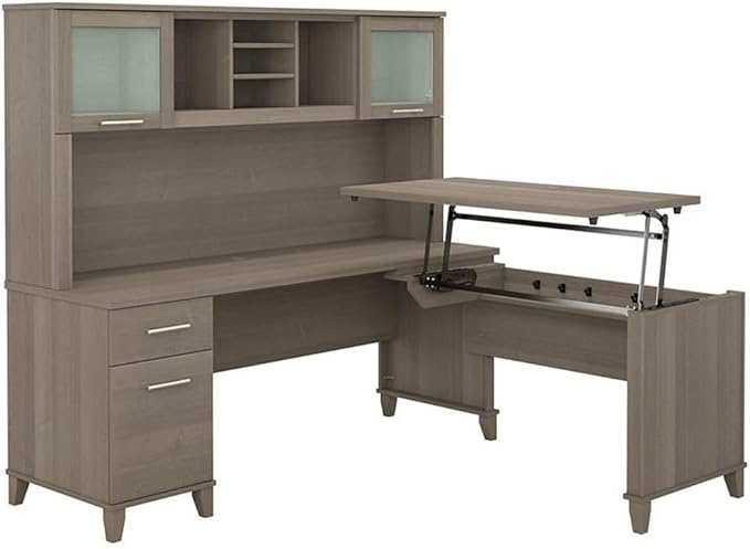 Pemberly Row 72W L Shaped Sit to Stand Desk with Hutch, 3 Position Lift-n-Lock System, 42W Return, Frosted Glass Doors, Adjustable Shelves, File Drawer, Ergonomic Office Desk for Home or Workspace
