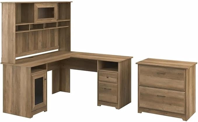 Scranton & Co Furniture Cabot L Computer Desk Set, Reclaimed Pine Finish, 60W L Shaped Desk with Hutch and 2 Drawer File Cabinet, Fluted Glass Doors, USB Hub, Home Office Storage Solution